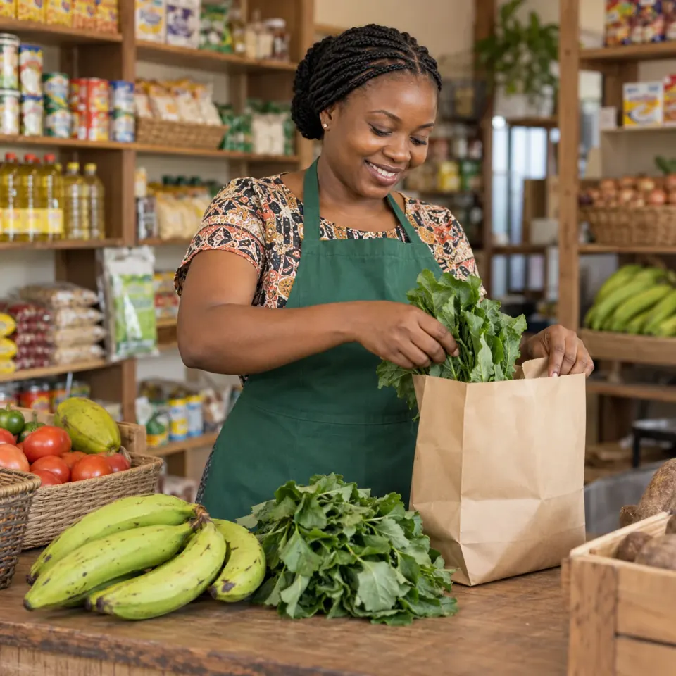 Independent grocery vendor packing leafy greens for a customer