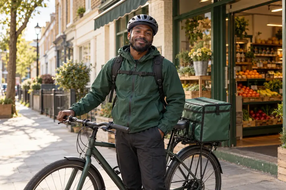 Illustrative scene of a helmeted delivery rider with a bicycle outside a local grocery shop
