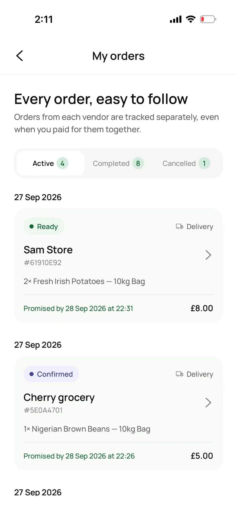 AMS orders screen showing active orders and their fulfilment statuses